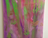 Pink, purple and green abstract painting with birds and a hidden peacock feather 18" by 24"