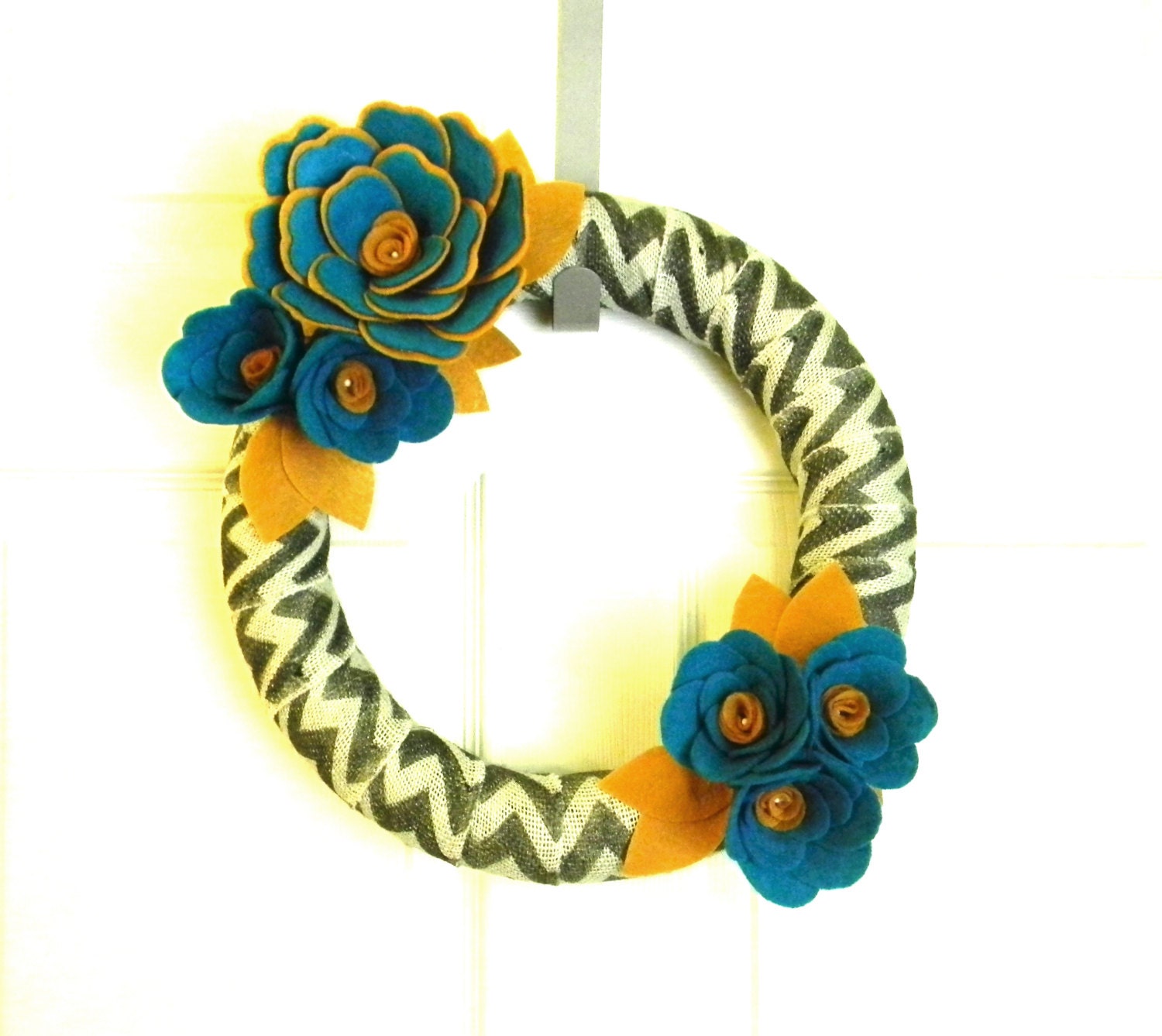 Chevron, Teal, and Mustard: 14 inch Felt and Burlap Wreath