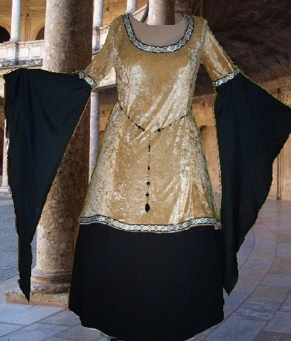 Renaissance Costume Medieval LOTR SCA Garb GoldBlack 2pc VelvetCotton TunicSkirt LXL