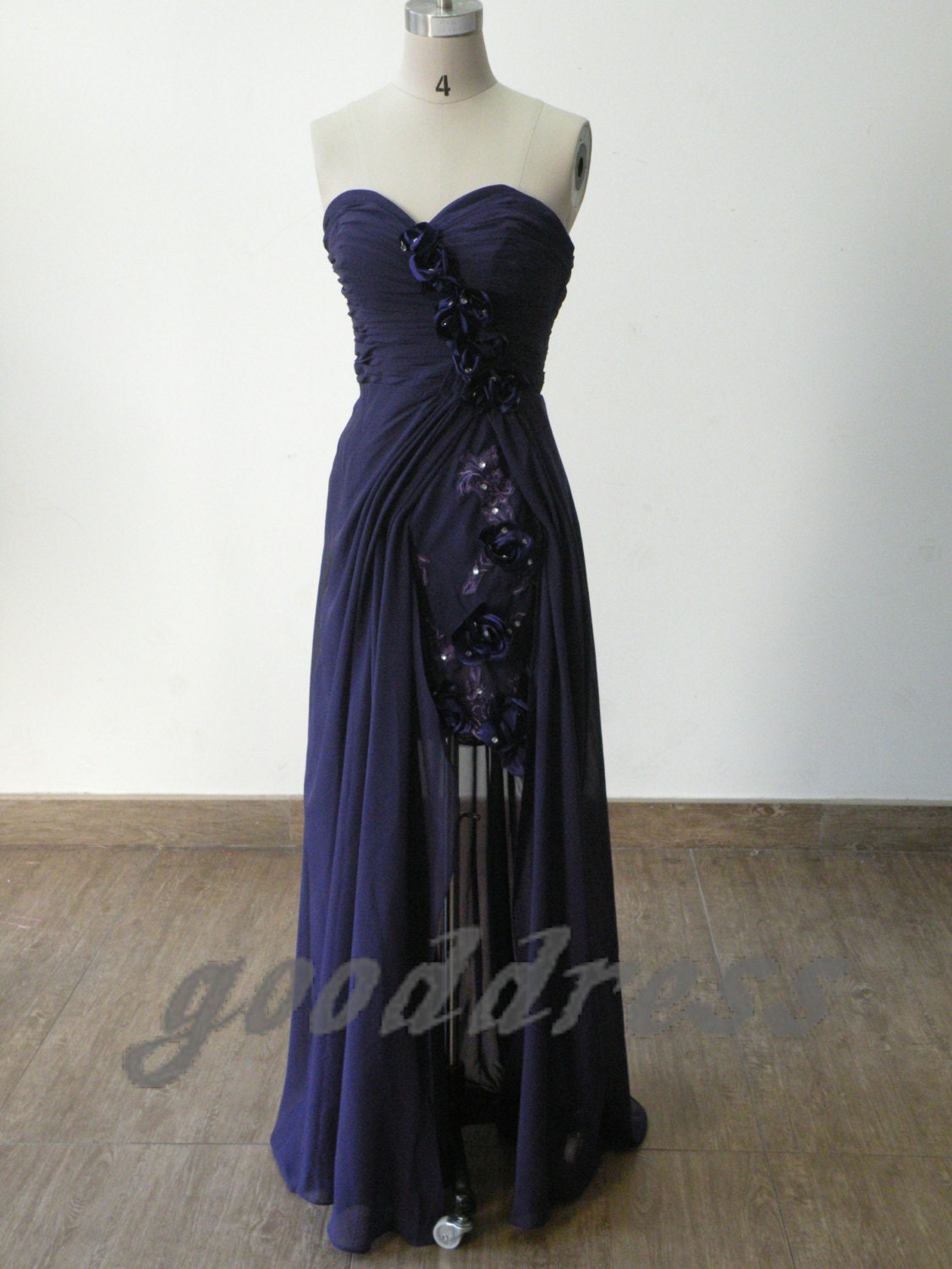 Sexy Sweetheart Blue Handmade Flower Chiffon High Low Formal Long Evening/Prom/Party/Bridesmaid/Homecoming/Cocktail Dress