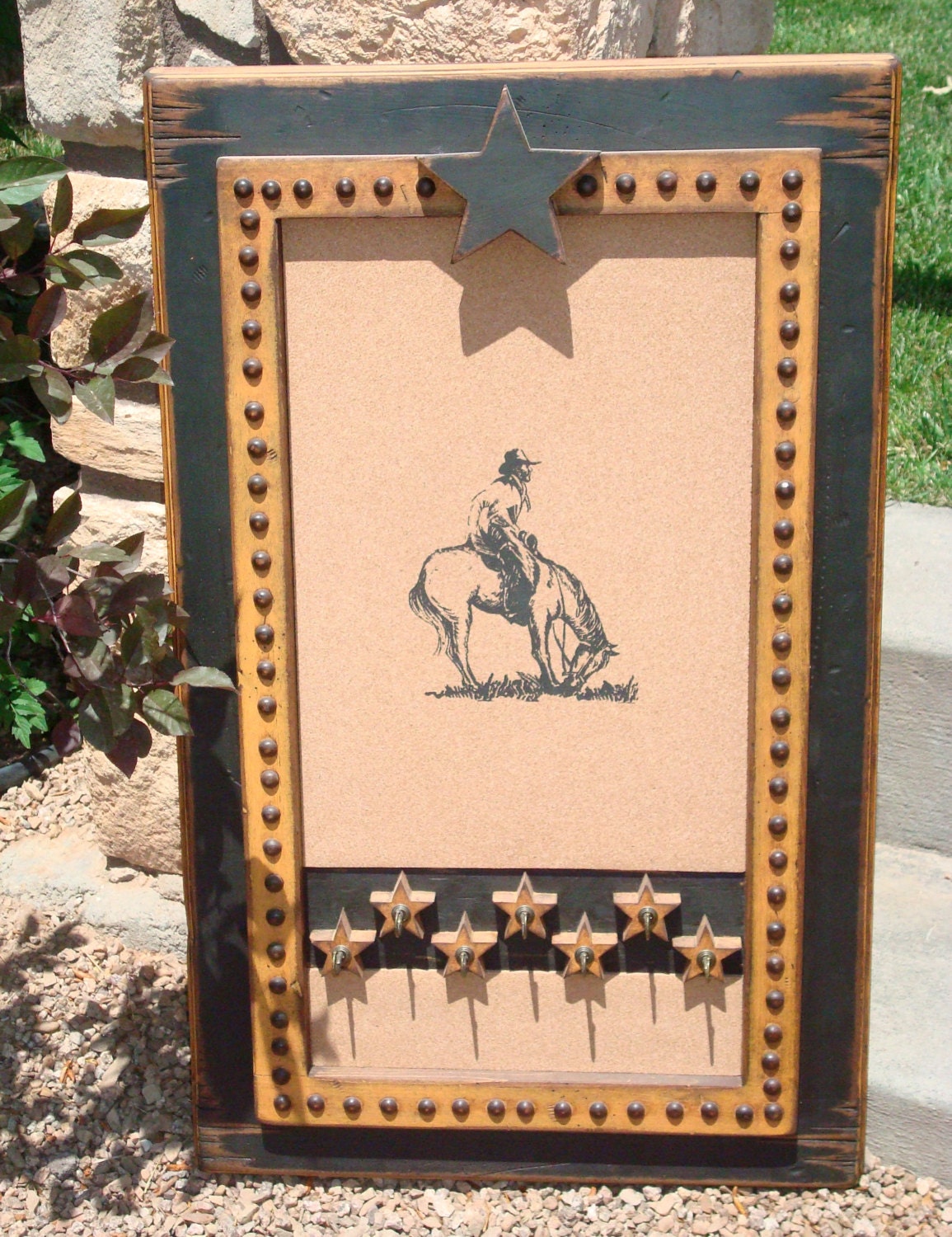 Cork board & key hooks. Rustic wooden frame cork board, Western message board, Key holder, Decrotive wall decor