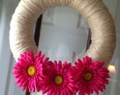 Cream yarn wreath with pink gerber daisy accents- SHIPS NEXT DAY