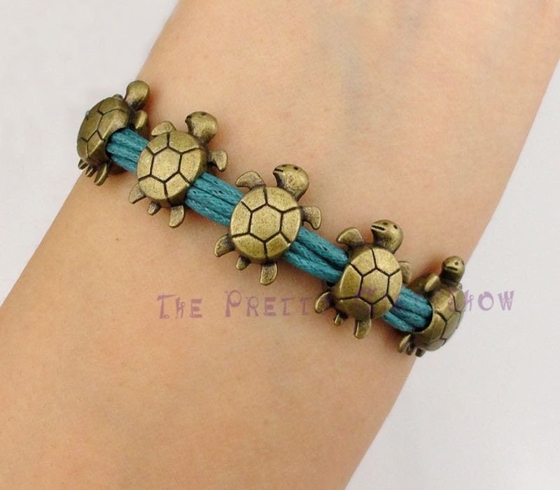 Handmade  five longevity turtles  Charm Bracelet in Bronze-Wax Cords -Choose Your Favourite Color -Customize Your Own Style-Friendship Gift