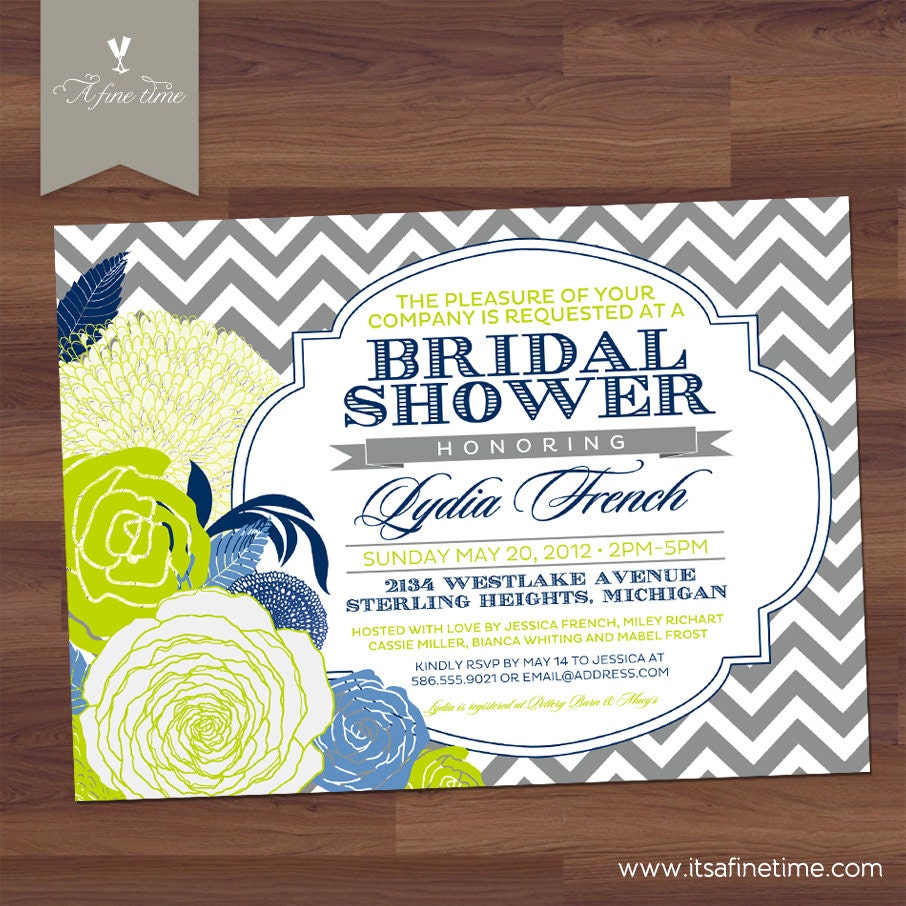 Bridal Shower Invitation - Antique Floral Modern Chevron - Vintage Typography - Lime, Green, Navy, Blue  (DIY Digital Printable)