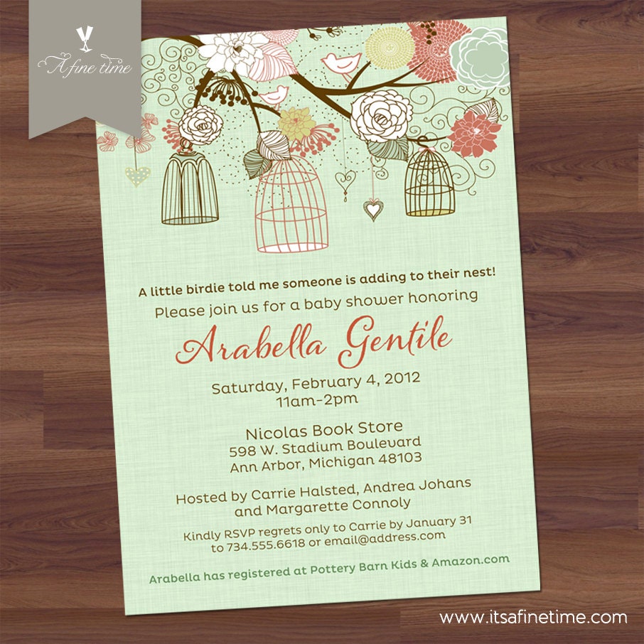 Baby Shower Invitation - Bird Cages & Blooms - Sage, Green - Girl, Boy, Gender Neutral - Floral, Tree, Bird Couples Shower (DIY Printable)