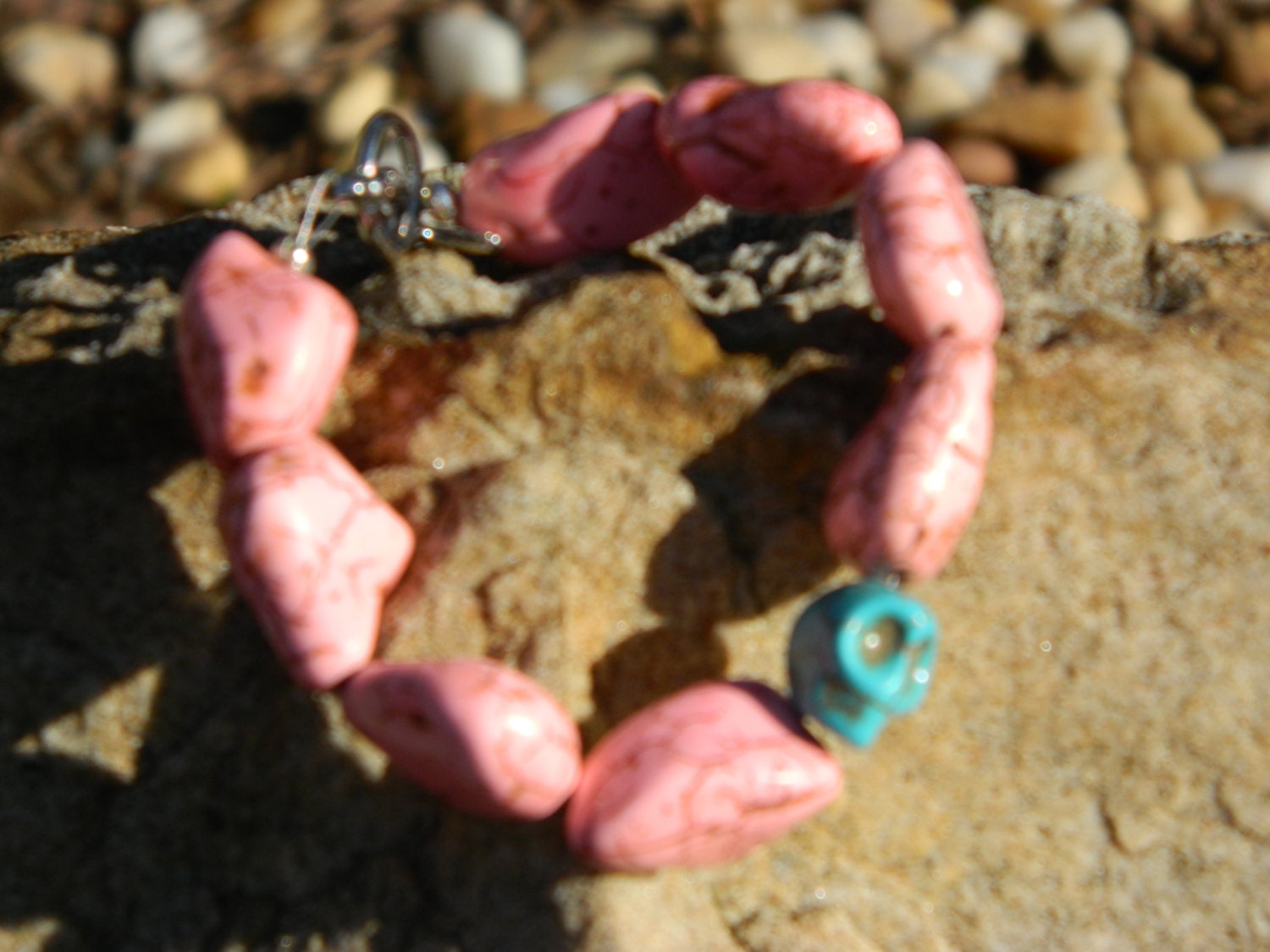 pink turquoise stone and skull handmade bracelet
