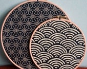 Set of 2 Embroidery Hoop, Wall Art - Asanoha and Ocean Waves, Indigo Blue, Japanese Cotton.