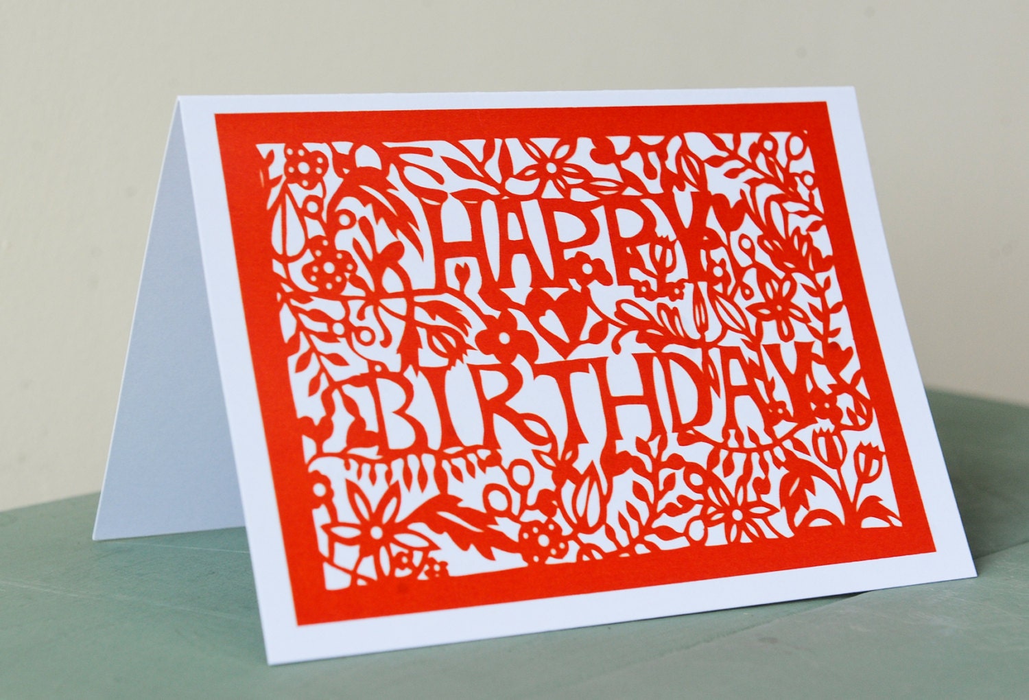 Happy Birthday greetings card, printed from an original papercut design made by me at Seren Papercuts.