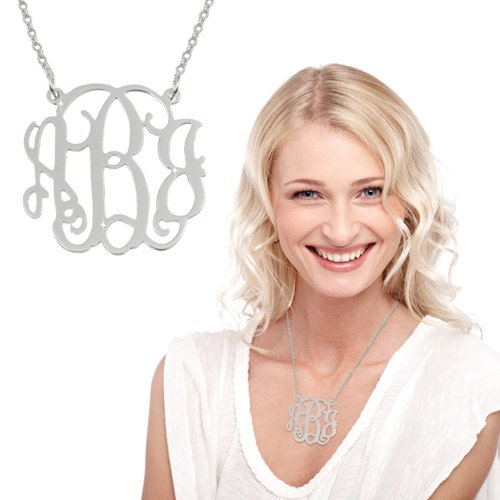 Monogram Necklace 1 1/2 Inch Personalized Initials 3 Three Letters  Monogrammed Sterling Silver 925 Customized Pendant Loops Sideways XXL