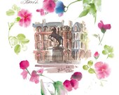 Paris decor, Place des Victoires watercolor illustration with floral garland art print, 8X10 poster, Romantic french wall decor