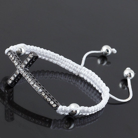 New Gunmetal Cross Curved Side Ways Crystal Bead Charm Adjustable Bracelet - White / Black Cord