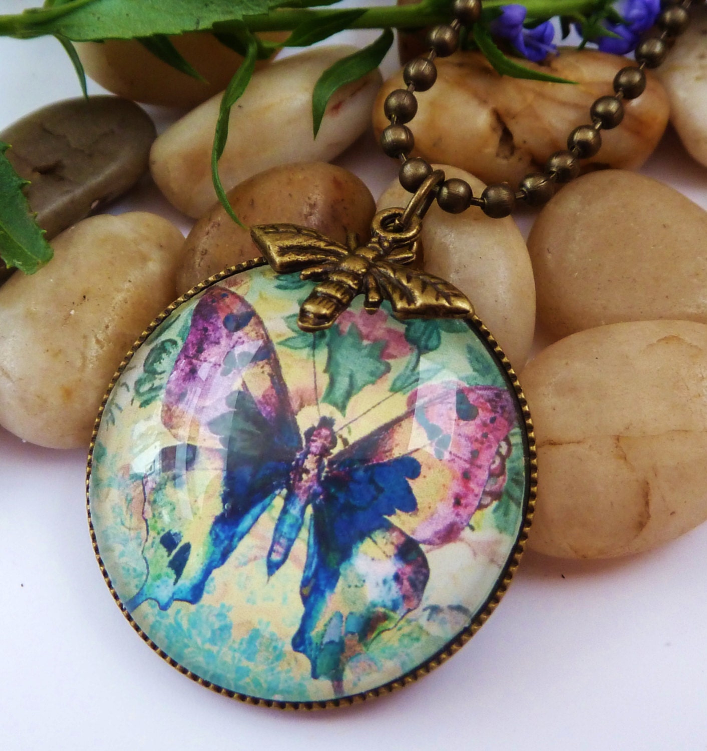 Motif charm necklace with colourful butterfly, fantasy, butterfly necklace, motif necklace, bronze