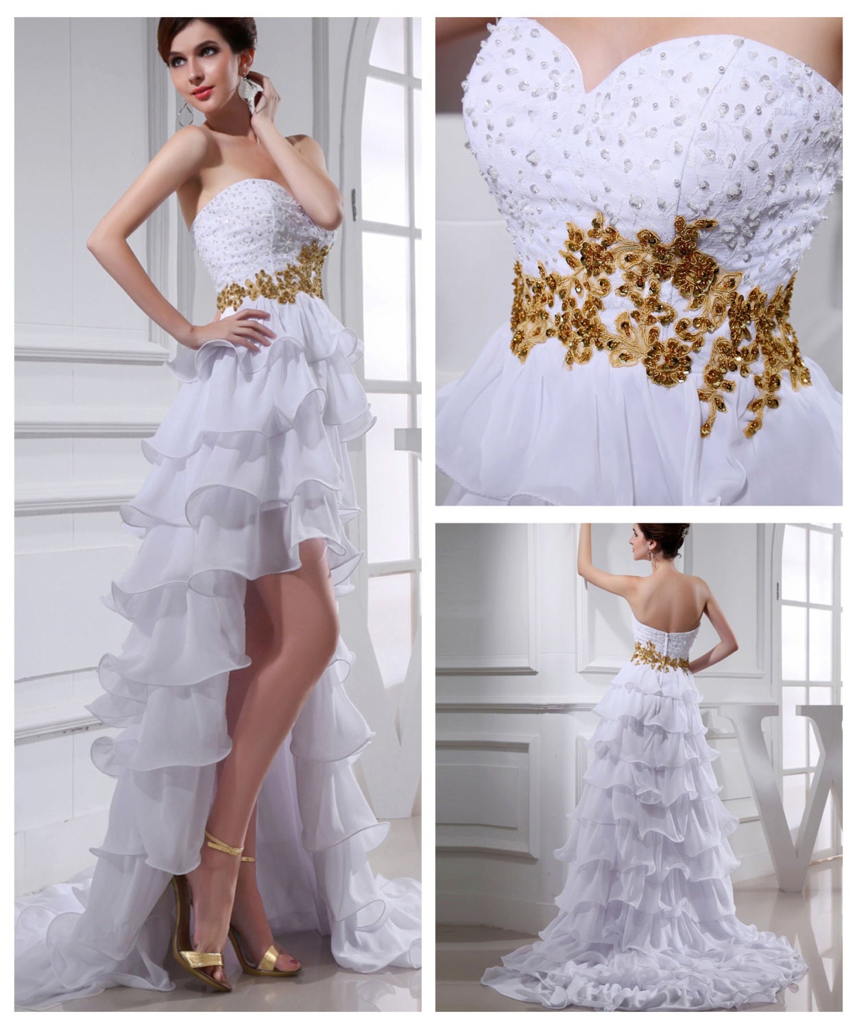 Strapless White/ivory High low wedding dress bridal Beach wedding gowns/tea length bride wedding dresses/princess bride wedding attire