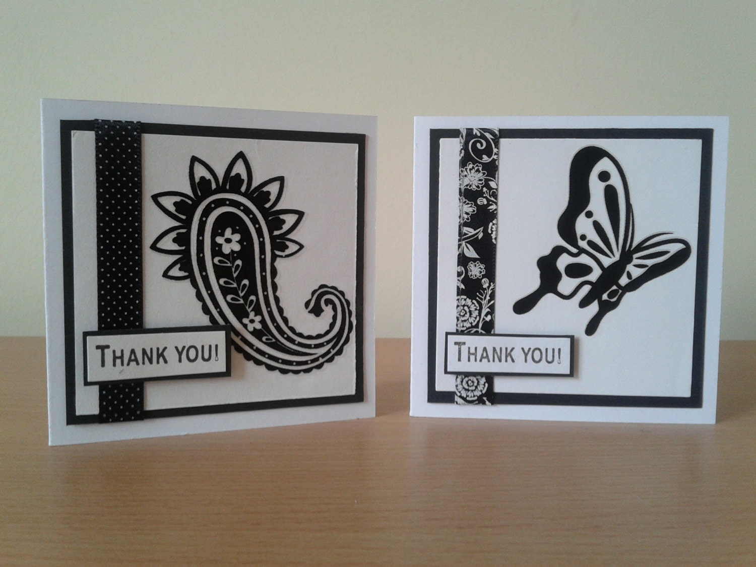 Set of 2 handmade Thank you cards black and white paisley and butterfly