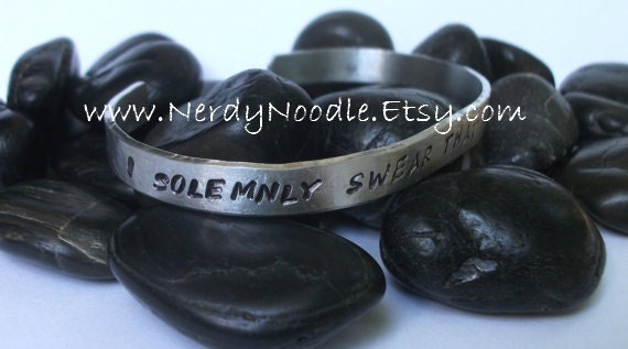 Harry Potter inspired hand stamped aluminum cuff / bracelet - I solemnly swear that I'm up to no good