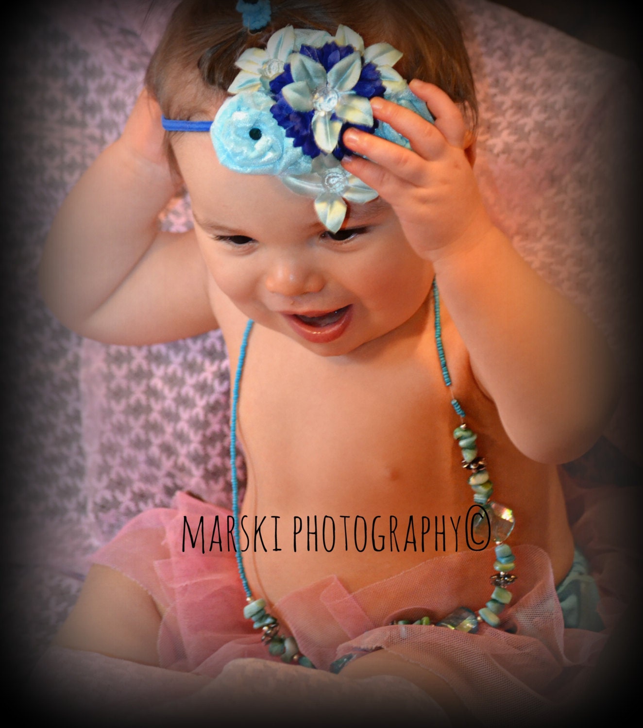The Mermaid "Doo Doy" Hair Headband.  Handmade, baby, girl, mermaid, blue, turquoise, sea, flowers, petals, confetti, lace, unique, chic