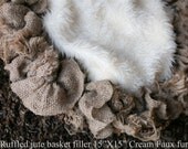 Handmade newborn photography prop ruffled jute/burlap basket filler with 15"X15" unfinshed piece of cream faux fur