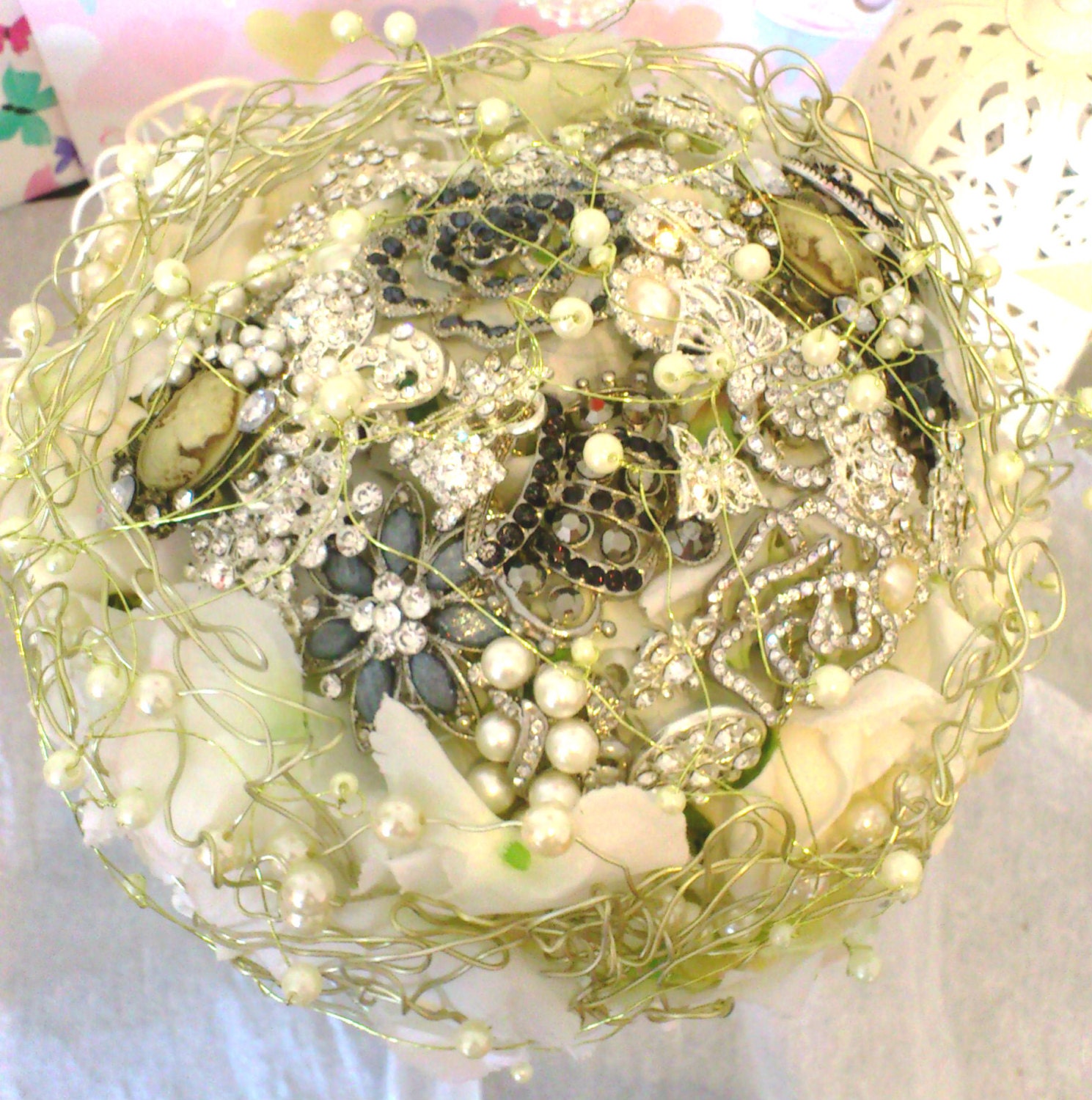 Bridal brooch bouquet set with pearl, cameo, clear, gold and gunmetal coloured crystal brooches. - MadeWithLoveBouquets