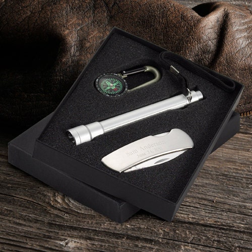 Sportsmen's Gift Set Knife Flashlight Compass Personalized - Groomsmen or Best Man Wedding Gift -