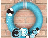 Aqua and brown yarn wreath handmade with felt flowers and pearl accents- 14 inch