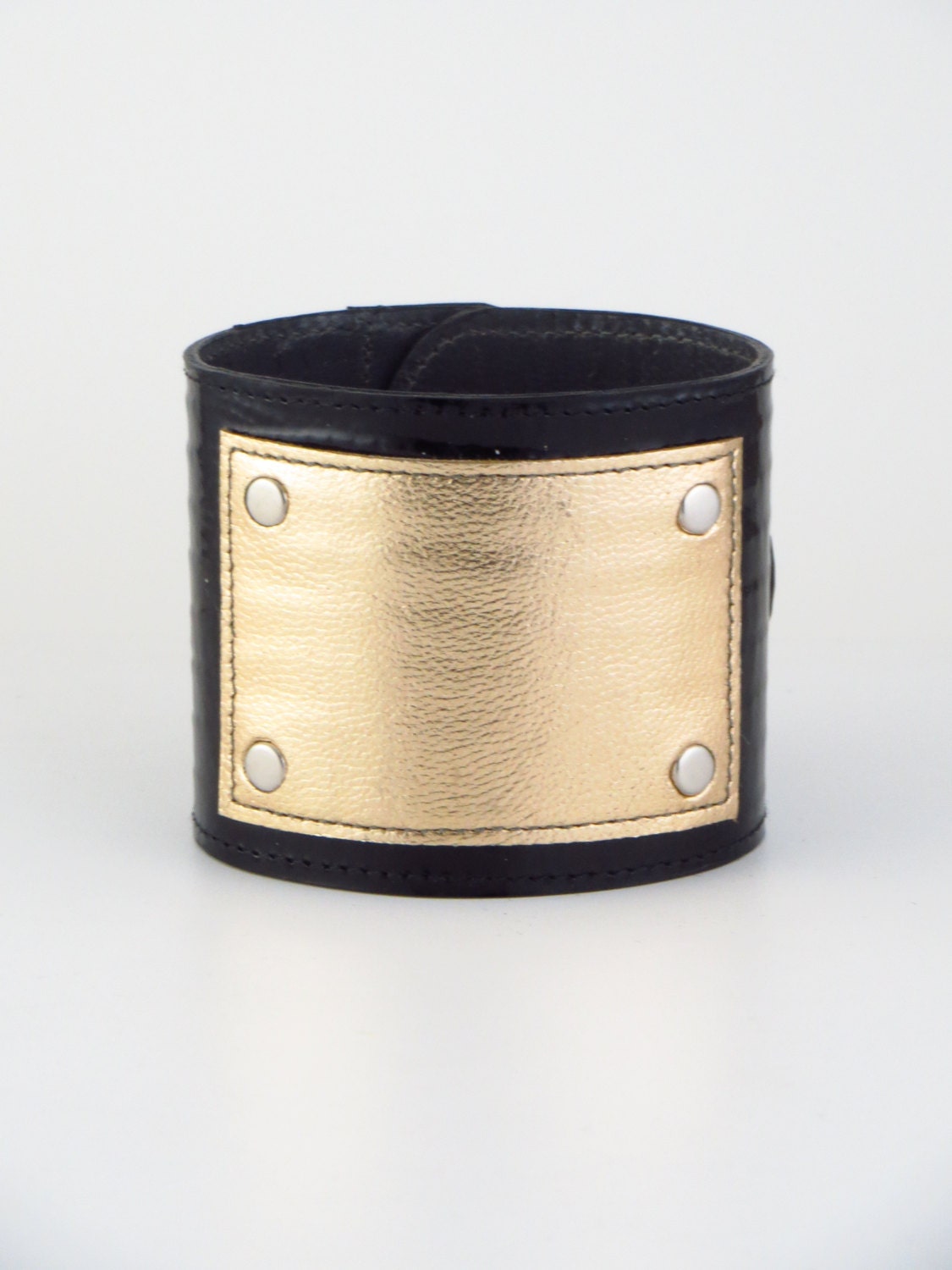 Cuff101 -  Hand Stitched Black and Gold Leather ID Cuff with Leather Lining