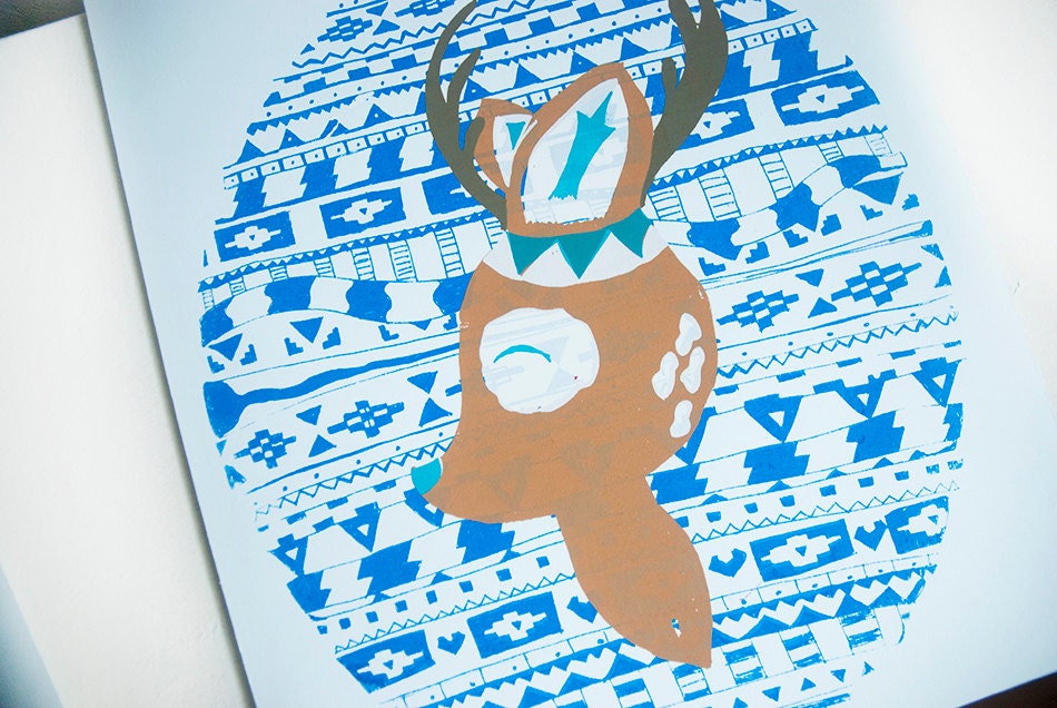 Deer Woodland Tribal Silkscreen Print, Screenprint, Silkscreen, Illustration, Stag Buck, Couple, Wall Art/ Nursery Art/ Wedding Gift