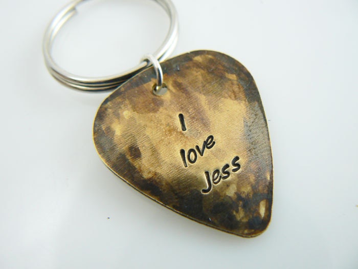 Customize Guitar Pick Keychain, Hand Stamped Key chain boyfriend, husband, friend gift, Custom Key Ring, Personalized BFF, Brass or Aluminum