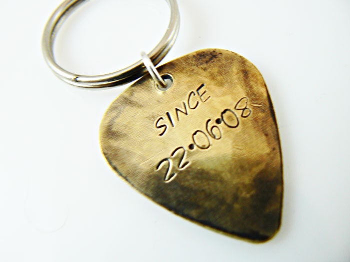 Customize Guitar Pick Keychain, Hand Stamped Key chain boyfriend, husband, friend gift, Custom Key Ring, Personalized BFF, Brass or Aluminum