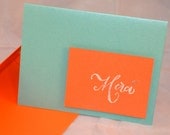 Set of 4 Handmade Thank You cards stamped & embossed with a dimensional "merci" on turquoise and orange shimmer cardstock