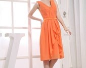 Custom Handmade V Neck Orange Ruched Chiffon Knee Length Short Prom/Evening/Party/Bridesmaid/Cocktail/Homecoming Dress Gown