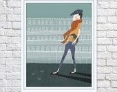 walk in paris- art print, illustration, original illustration, paris art, digital print, drawing, poster, walking art, printmaking