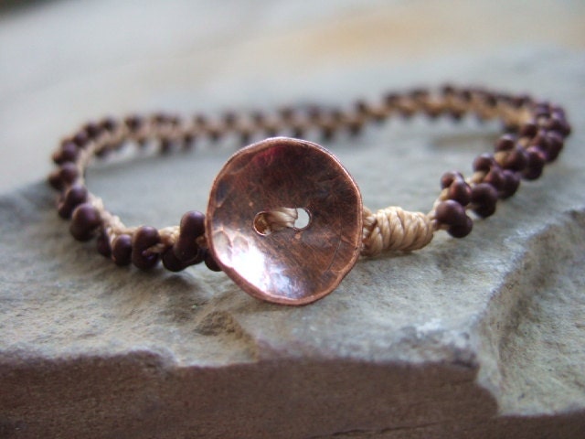 Khaki Nylon Cord Beaded Bracelet, Japanese Glass Bead Beaded Bracelet, Hand knotted bracelet with Hand Crafted Copper Button
