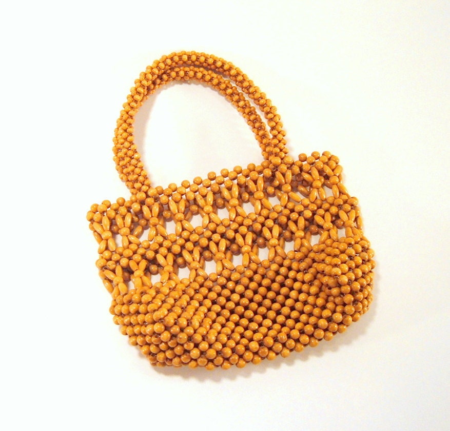 Wood Beaded Handbag, Vintage Wood Beads Purse, Natural Tote Bag, Retro Mod Hippie Chick Bag, Women's Accessories