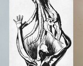 black and white ink drawing. Woman lost at sea