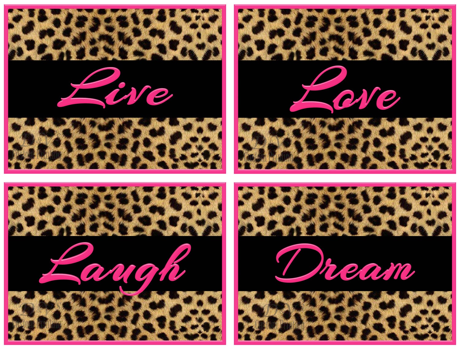 4- (5x7)  Hot Pink Cheetah Print Pictures  "Live Love Laugh Dream"  Inspirational Quote Art Teen Room Wall Decor