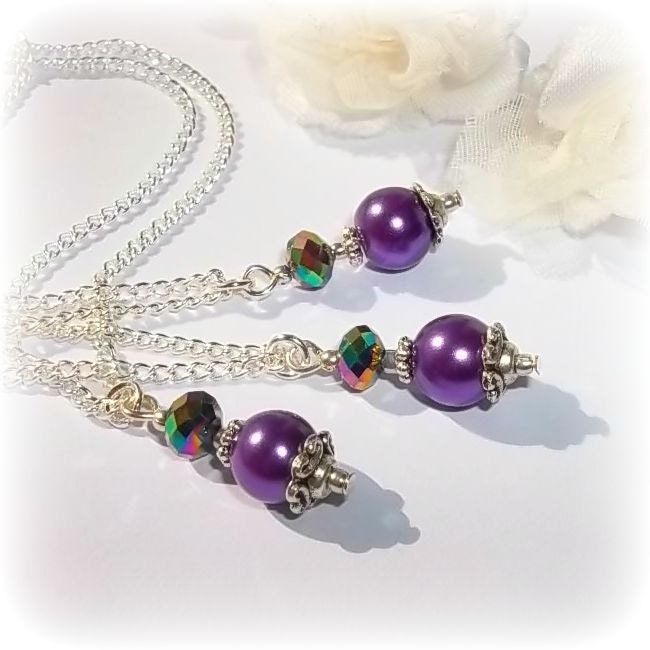 Bridesmaid Jewellery, Purple Pearl & Peacock Crystal Glass Necklace, Bridal Jewelry, Wedding Jewelry, Bridesmaid Necklace, Chloe