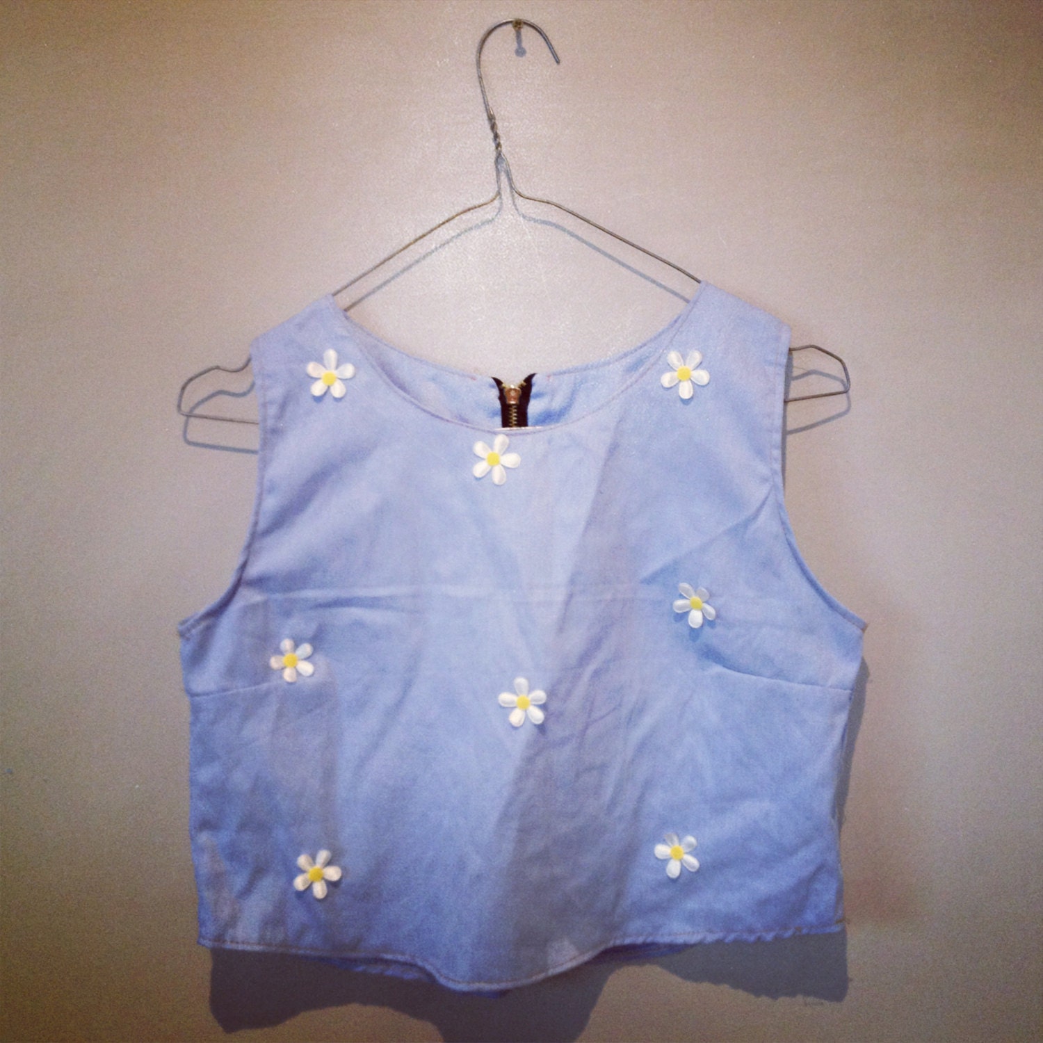 vintage indie grunge handmade blue daisy floral cropped top blouse 90s bohemian loose tank size S-M