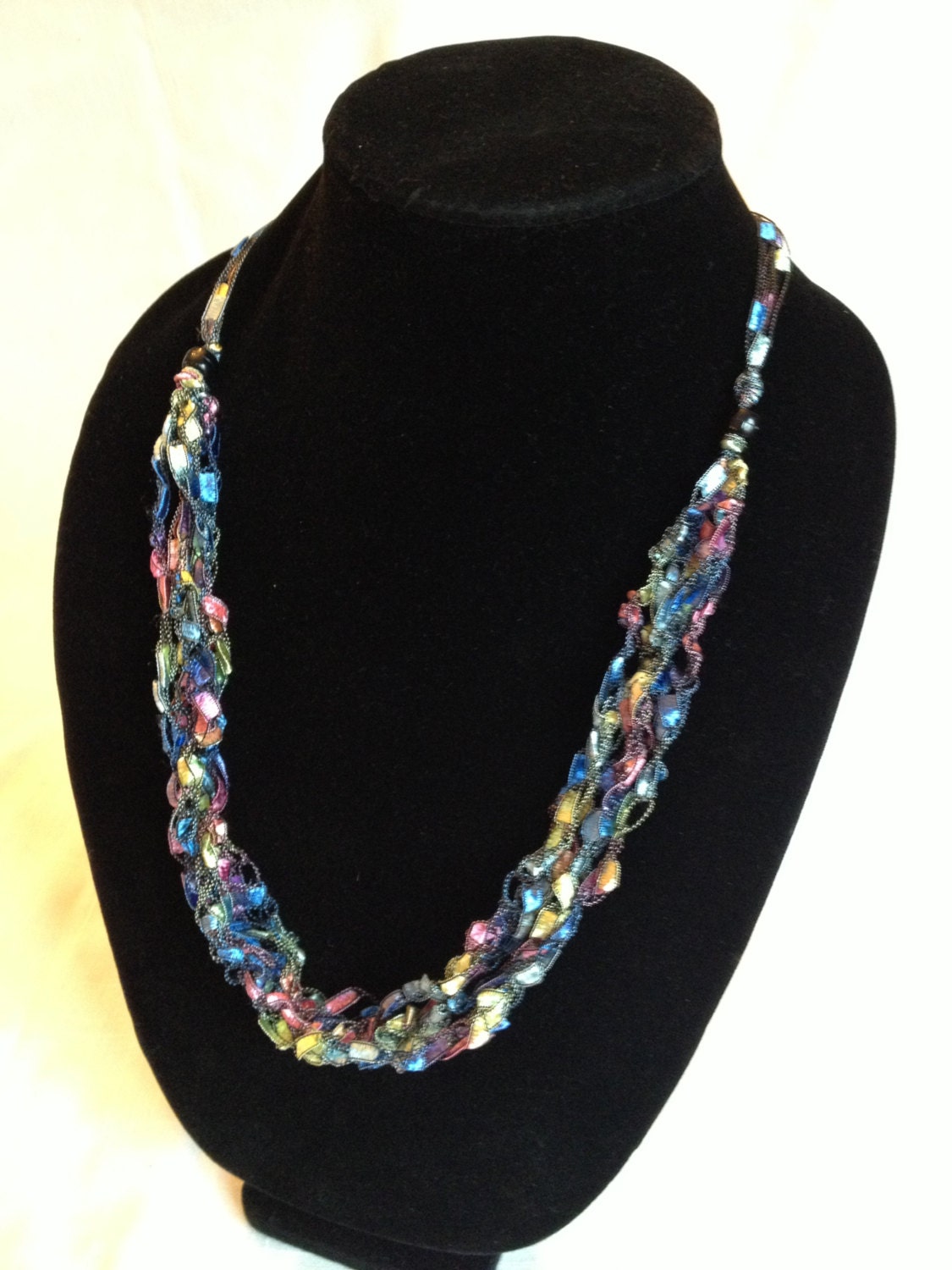 Ladder yarn necklace crocheted with trellis ladder yarn ribbon adjustable handmade pastel
