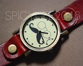 Antique Brass Leather Watch Rugged Reddish Brown Leather Strap Vintage Moustache Mustache Glasses Men Women Wrap Watch, ww-103 Redish Brown