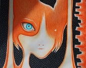 original drawing FUTURE KITTY coloured pencil - small handmade artwork - unique art orange cat cool cat - quirky futuristic