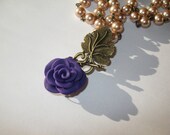 Rose pendant handmade polymer clay necklace, leaf-shaped clasp - Jewelry Designs - Polymer Clay Flower Charm, Purple