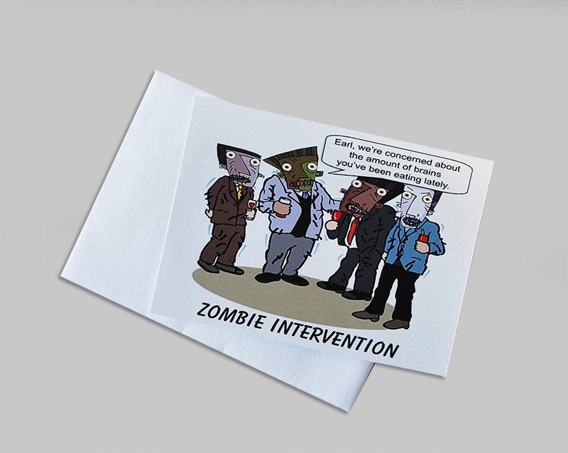 8 Miniature Note Cards-Paper Goods-Blank -Zombie Intervention illustration-weird geeky zombie humor stationery gift tag art