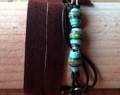 Leather bracelet with paper beads male / female handmade jewelry