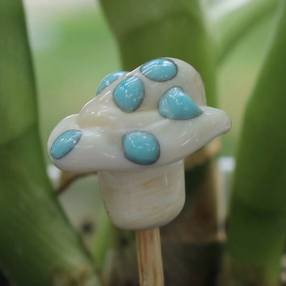 Miniature Lampwork Glass Mushroom with turquoise polka dots