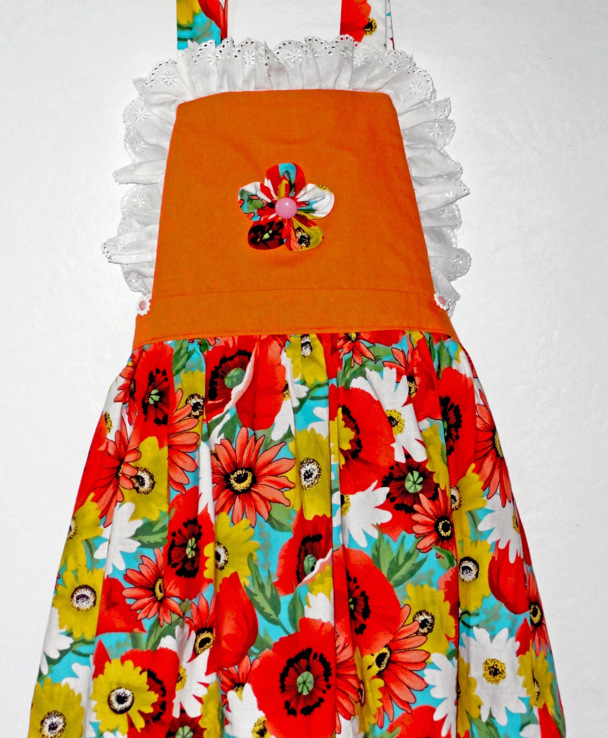Georgeos Toddler Dress, Size 2T- 6T, Orange Top with Colorful Flowers, Apron / Jumper Dress