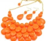 cute orange resin necklace&earring  handmade bib Necklace/glitter Statement Bubble choker,bridesmaid gifts,unique Beaded  Jewelry torque