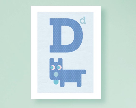 Childrens art nursery decor, retro letter animal art, 8x10 print  D is for Dog.