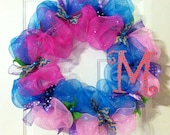 Turquoise pink & purple initial deco mesh wreath