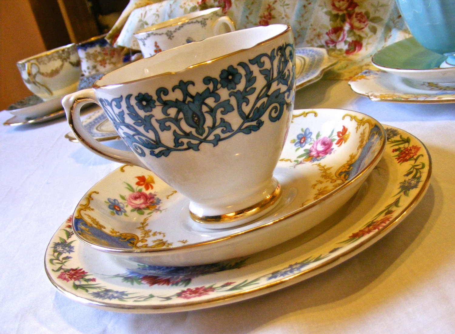 Vintage Mismatched Tea Trio - Tea Set of English China including Tea Cup, Saucer, and Dessert Plate - Blue, Gold and Rose Pink