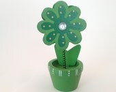 Wooden Handmade Green Flower Pot Photo Clip - Card Holder - Office Supply, Paper Clip, Clamp, Tag Holder